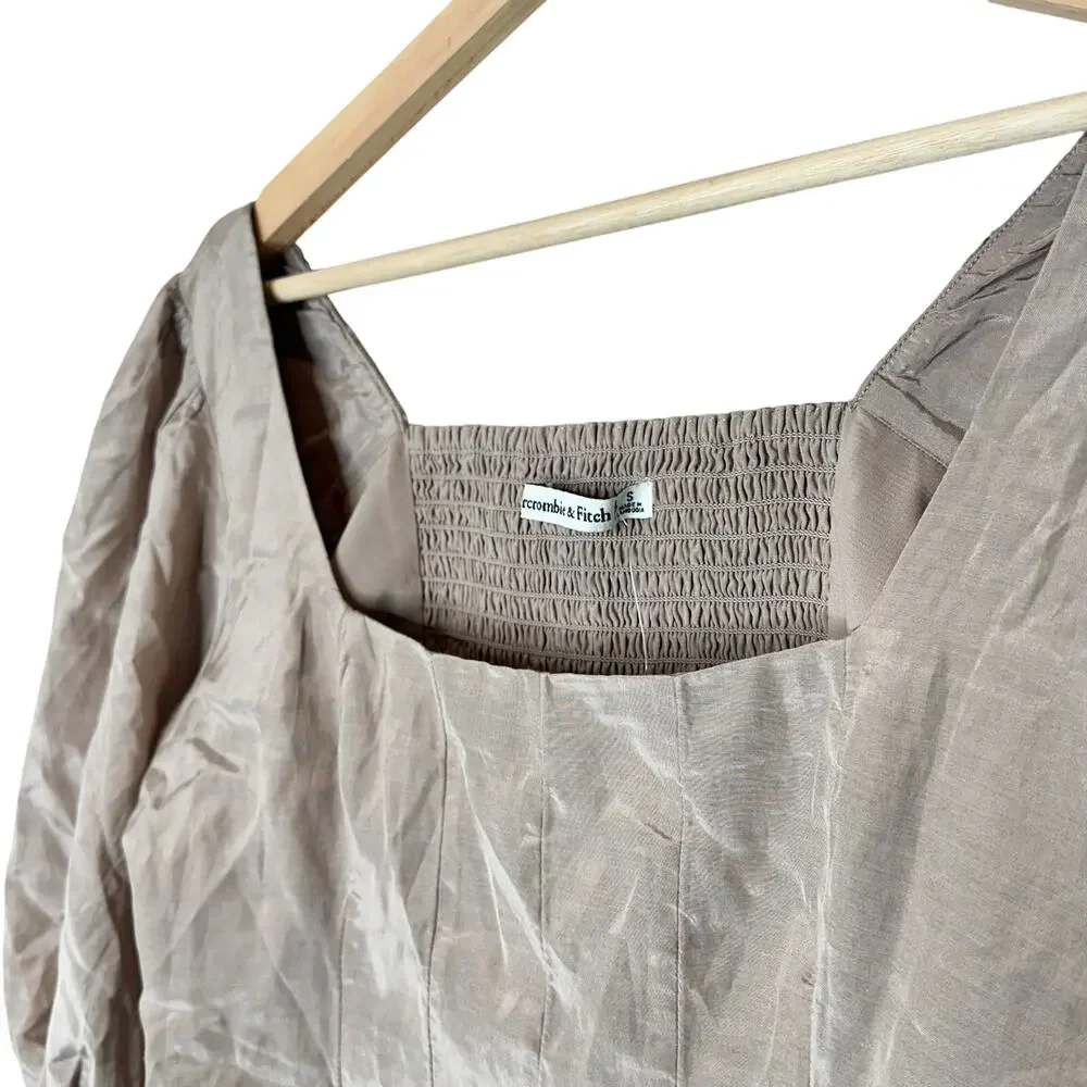 Abercrombie & Fitch Puff Sleeve Shine Cotton Square Neck Top Beige Small Smocked